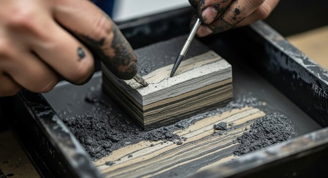 Detailed geological core sample analysis showcasing stratified layers of earth sediment with expert examination.