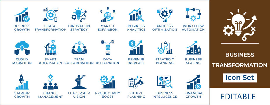 Business transformation icon set featuring digital innovation, agile process automation, corporate growth strategy, cloud integration, data optimization, and workflow scaling.