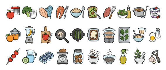 Obraz premium Set of healthy eating and cooking ingredient kitchen appliance activity icons for recipes