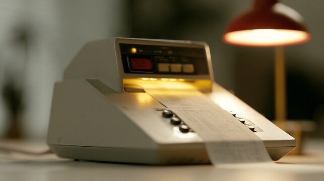 Vintage fax machine spews out printed page under desk lamp light
