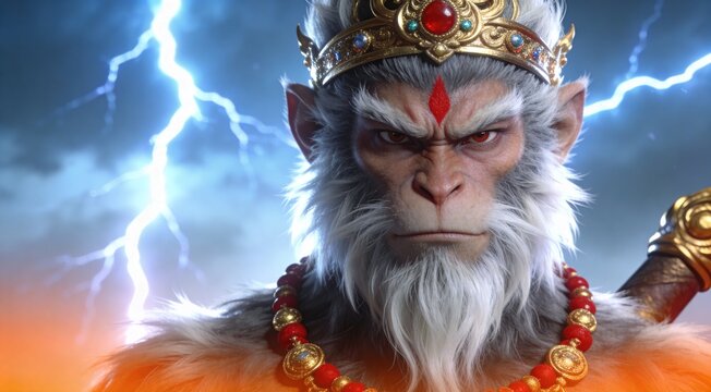 Mythical monkey king with crown in dramatic lightning background