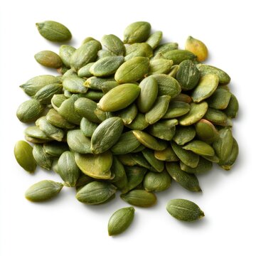 A close-up of a pile of green pumpkin seeds on a white background, showing their smooth texture and oval shape.