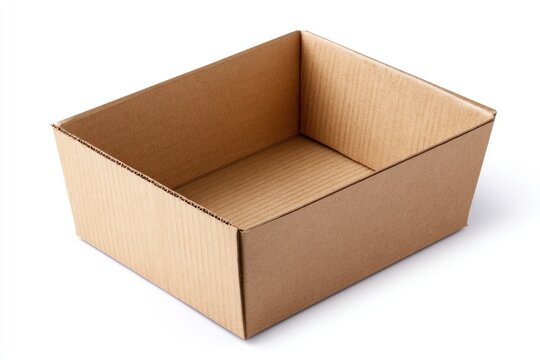 A plain, empty rectangular cardboard box with open top on a white background.