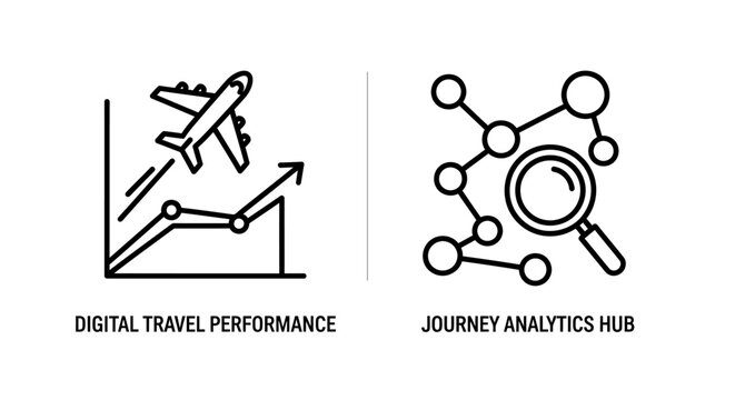 Travel performance chart and journey analytics magnifying glass icons