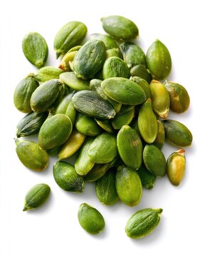 A close-up image of a pile of green pumpkin seeds on a white background.