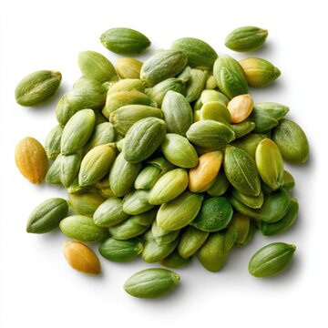 A close-up image of green and a few yellowish pumpkin seeds scattered on a white background.