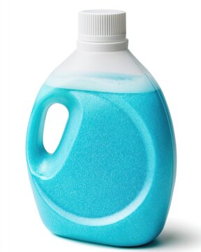 A translucent blue plastic detergent bottle with a white cap, designed with an ergonomic handle for easy pouring.