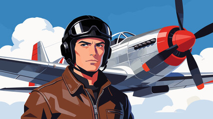 A determined male pilot in a leather jacket and helmet stands in front of a vintage propeller airplane against a bright blue sky with clouds. © umah