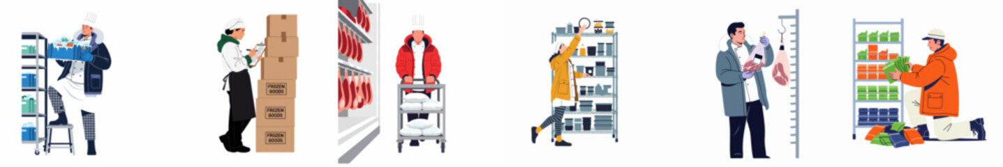 Set of diverse restaurant staff and warehouse workers managing inventory and organizing frozen goods in a professional cold storage and walk-in freezer facility. © Mairiko
