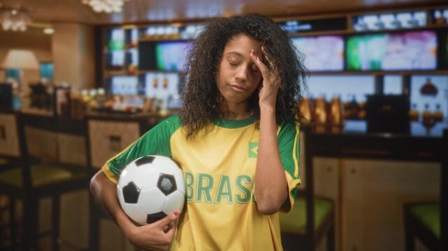 Teenage woman holding football with hand to forehead gesture in a building, wearing yellow brazil jersey; disappointment defeat fatigue.