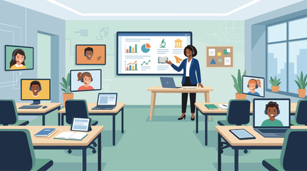 Fototapeta premium Hybrid Learning Classroom with Female Teacher Instructing Remote and In person Students