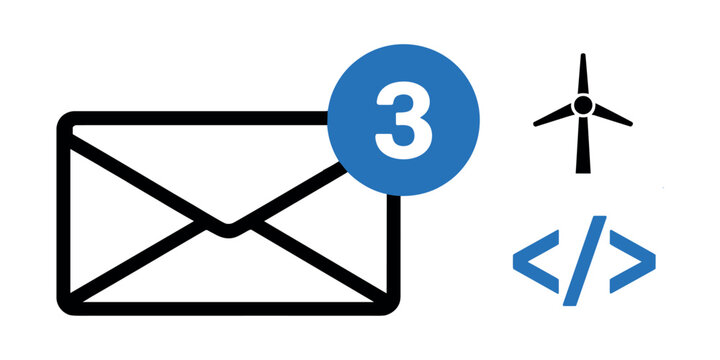 Blue notification email with wind turbine and coding symbols envelope blue circle number in white background