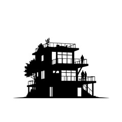 Obraz premium Modern Multi-Story House Silhouette with People on Balconies