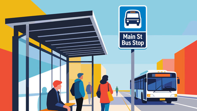 People waiting at a bus stop on a sunny day with a bus arriving at the stop.
