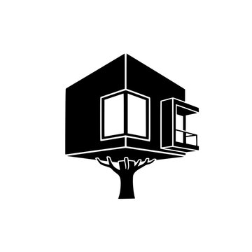Modern minimalist cube treehouse vector icon illustration