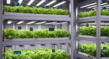 Fototapeta premium Modern Vertical Farming System with Lush Green Plants Under LED Lights
