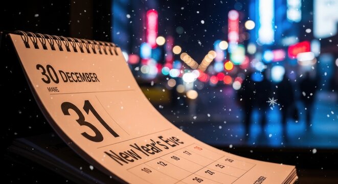Desk calendar showing December 31st with city lights and falling snow in the bokeh