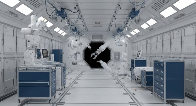Futuristic Space Station Interior with Robotic Arm in Central Corridor