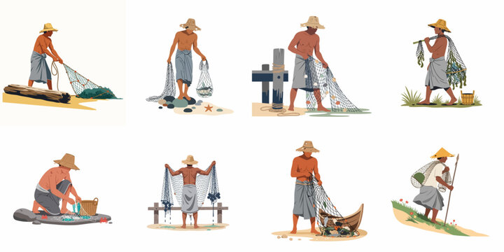 Vector set of traditional Asian fishermen illustrations showing characters wearing straw hats and sarongs using nets to catch fish by the sea.