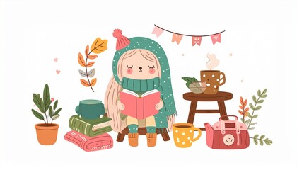 Fototapeta premium A cheerful girl reads a book surrounded by plants, books, and a camera in a cozy setting.