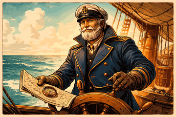 A seasoned captain with a white beard and mustache, wearing a blue uniform with gold trim, stands at the helm of a ship, holding a map and compass. © umah