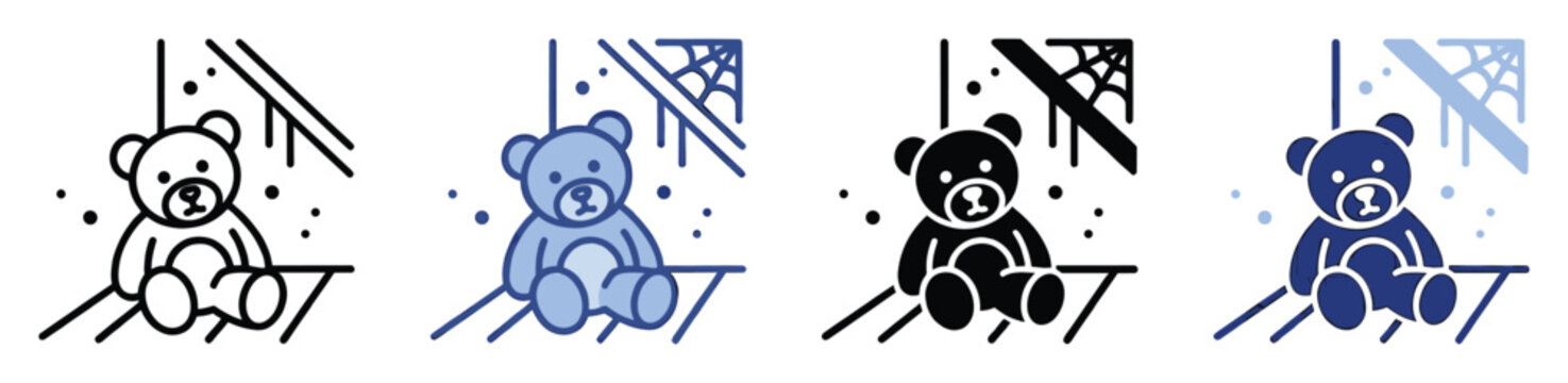Set of icons depicting a teddy bear in a dusty cobwebbed corner, symbolizing forgotten toys or