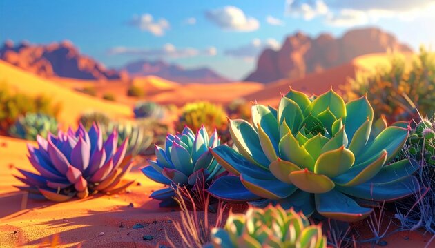 Vibrant Desert Succulents Flourish Under Golden Sunlight in Arid Landscape.