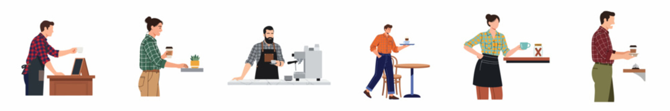 Diverse set of coffee shop characters including baristas, waiters, and customers in a clean, modern flat vector illustration style on a white background.