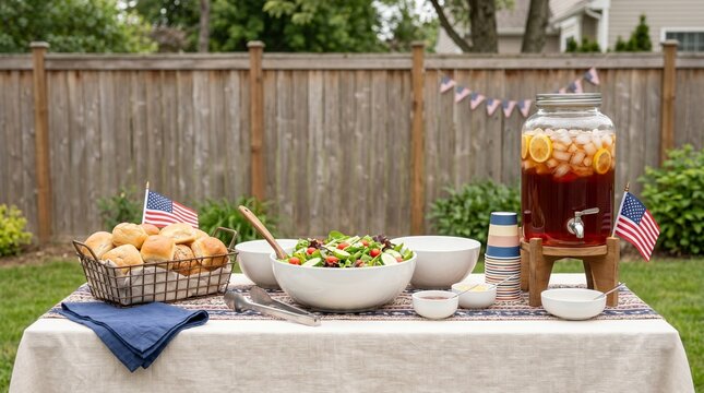 Outdoor buffet setup with salad, rolls, and iced tea in backyard  