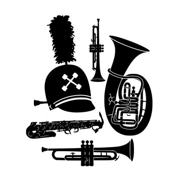 Marching Band Musical Instruments and Shako Hat Silhouette Collection