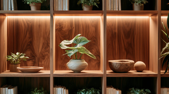 Wooden shelf interior with potted plants and warm lighting for zoom virtual meetings background