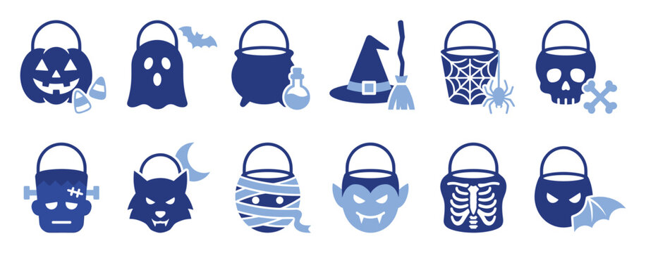 Set of Halloween character trick or treat buckets for spooky season celebrations and party graphics