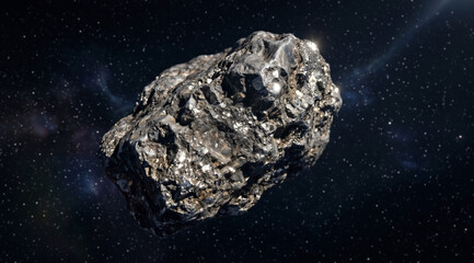 Fototapeta premium Rare metallic asteroid chunk rich in platinum and iron for space mining documentary footage