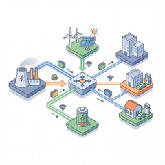 Fototapeta premium Smart grid concept showing renewable energy sources powering homes and businesses with battery storage