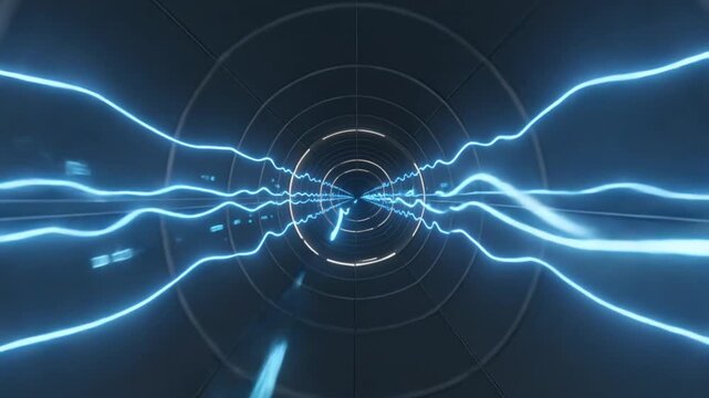 3D animated visualization of glowing blue data streams flowing through a dark cyberspace