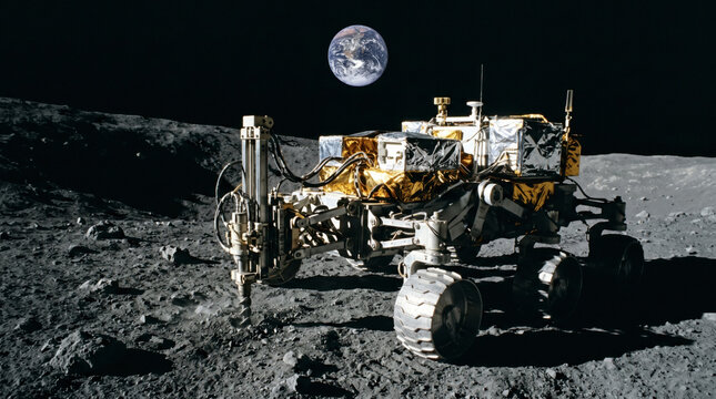 Lunar prospecting outpost site with modern industrial heavy drilling equipment cutting into moon rock