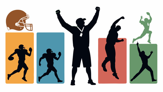 A vibrant illustration of sports silhouettes with a coach and players in various poses on colored rectangles with a