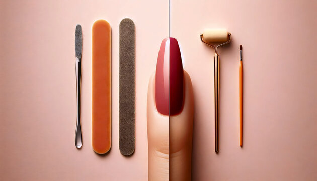 A split-screen manicure ad: tools vs result, separated by a gold bar, Ai generated image