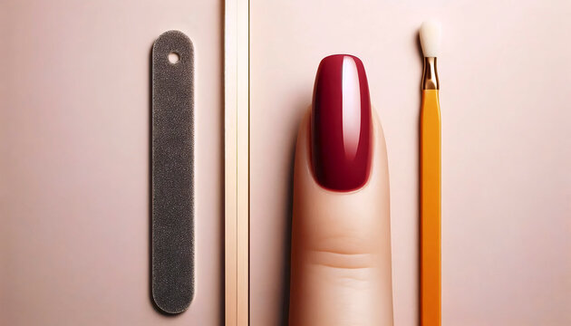 A split-screen manicure ad: tools vs result, separated by a gold bar, Ai generated image