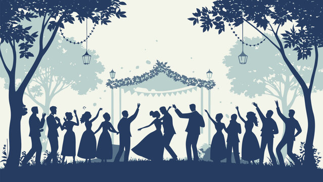 Silhouette of a wedding party dancing in a decorated outdoor setting with trees and lights