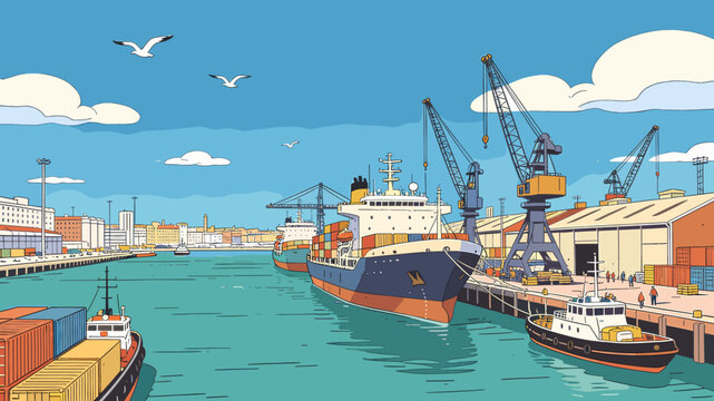 A vibrant illustration of a bustling port with cargo ships, towering cranes, industrial buildings, and a tugboat under a clear blue sky with flying seagulls.