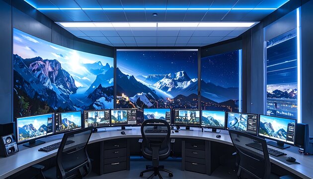 A futuristic control room with multiple screens displaying mountains