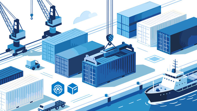 An illustration of a bustling cargo port with cranes loading shipping containers onto a large vessel, symbolizing global logistics and modern trade.