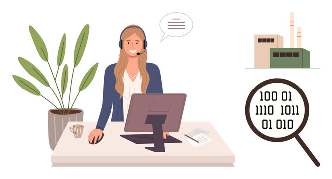 Business communication, customer service, digital support, remote work, data analytics, manufacturing. Woman at desk with computer, speech bubble binary code magnifier and factory. Customer service