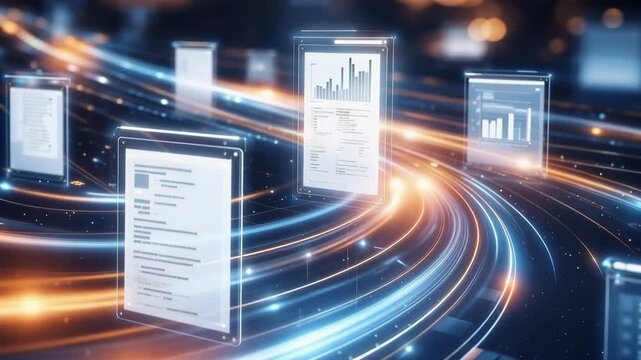 Data travels across virtual screens in a fast-paced environment where charts and documents appear and vanish, showcasing information processing.