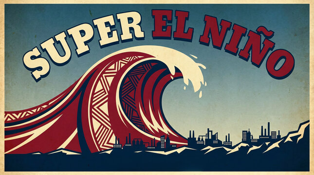 Vintage propaganda style poster with "SUPER EL NI&Ntilde;O" text and a massive stylized wave threatening a city skyline