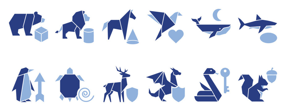 Set of geometric animal icons with various shapes perfect for modern graphic design resources and