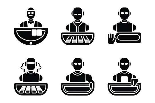 Robotic casino dealers and gambling automation vector icon set with gambling