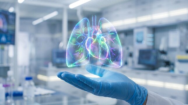 Doctor holding holographic 3D model of human heart and lungs in futuristic medical laboratory, Cardiopulmonary health and innovative medicine concept