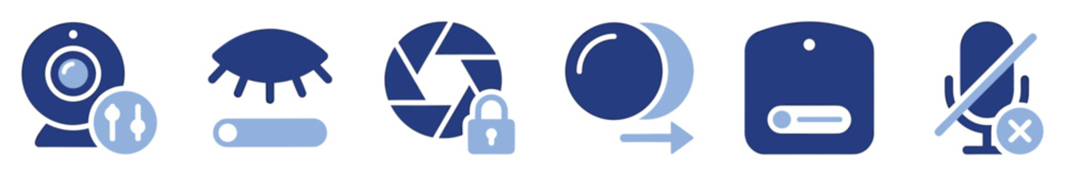 Set of modern interface icons for camera, microphone privacy, settings and toggles.